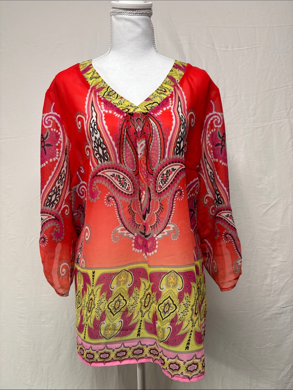 Tribal Red Paisley V-Neck Blouse with Yellow Accents